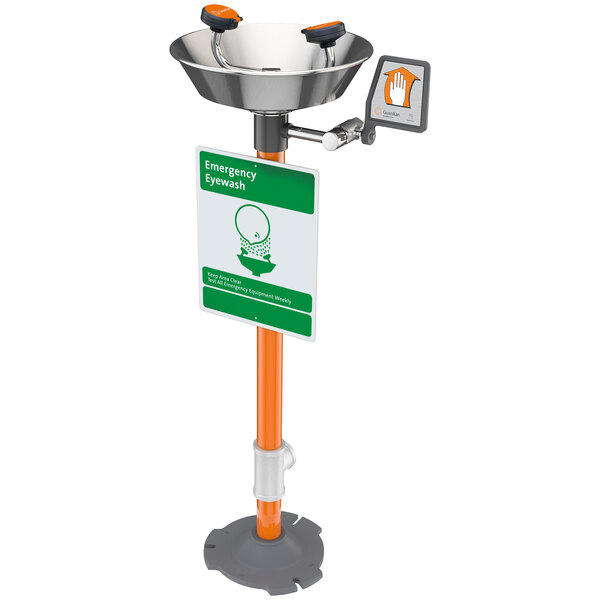 A Guardian Equipment eye wash station with a stainless steel bowl and orange and black accents.