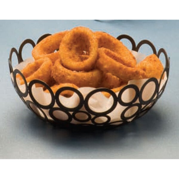 An American Metalcraft black metal basket filled with fried onion rings.