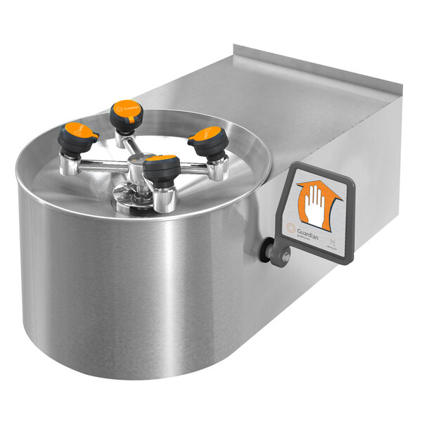 A Guardian Equipment wall mounted eye and face wash station with a stainless steel bowl and skirt and black knobs.