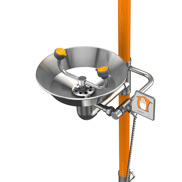 A Guardian Equipment stainless steel safety station with eyewash and hand / foot control.