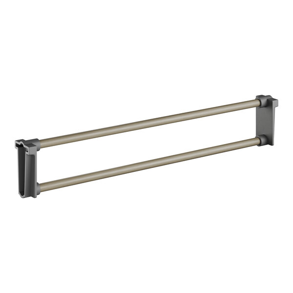 A metal rack with two metal rods, one of which has a handle.