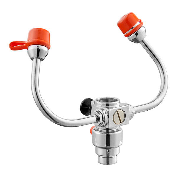 A chrome metal Guardian eyewash station with orange accents and two handles.