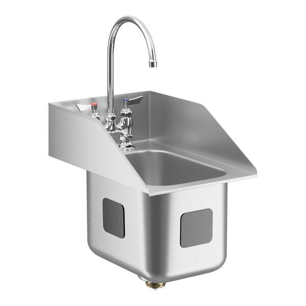 A stainless steel Waterloo drop-in sink with a faucet and side splashes.