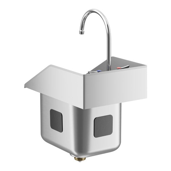 A Waterloo stainless steel drop-in sink with a gooseneck faucet over a counter.