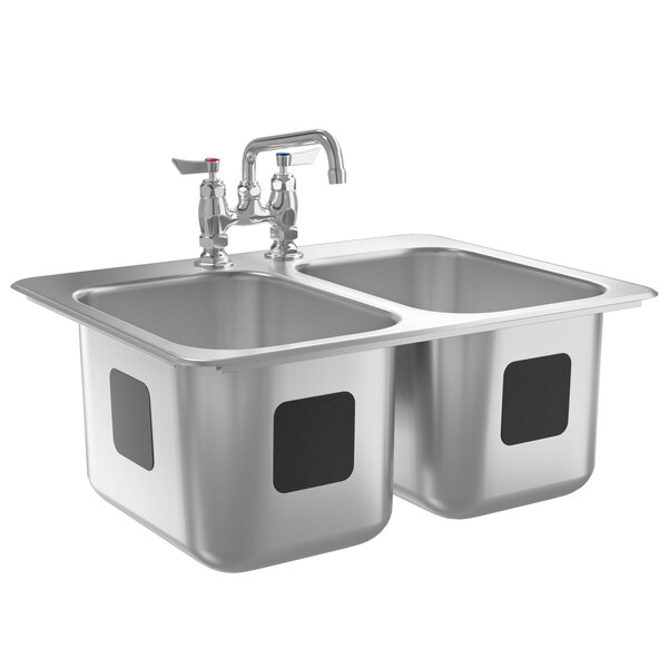 A Waterloo stainless steel drop-in double sink with two separate compartments.