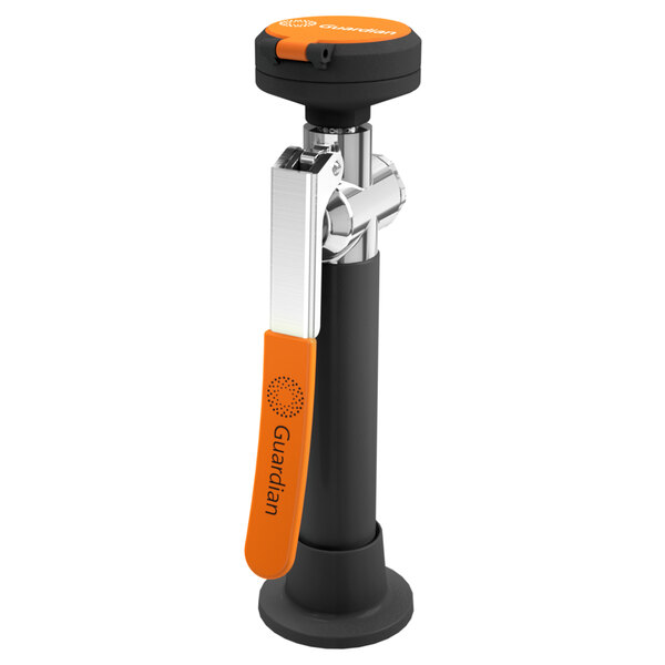 A black and orange Guardian Equipment deck mounted drench unit with a squeeze valve and PVC hose.