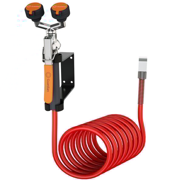 A red tube with black handles and a Guardian Equipment coiled drench hose.