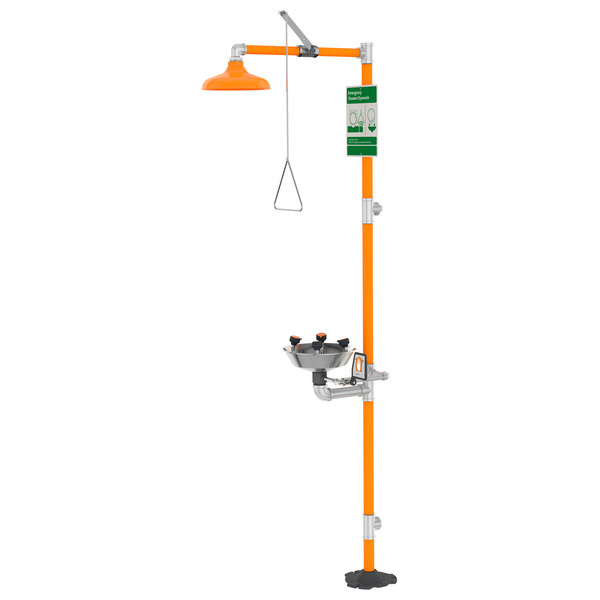 A Guardian Equipment safety station with an orange and white eye wash bowl and hose.