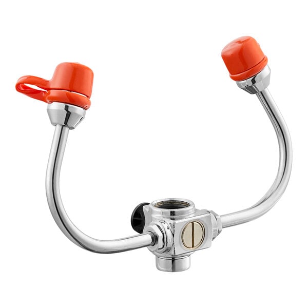 A chrome and orange Guardian Equipment EyeSafe-X faucet attachment with two handles.