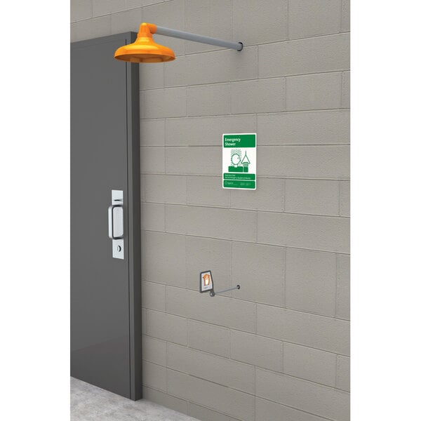 A Guardian Equipment emergency shower with a horizontally mounted plastic shower head on a wall.