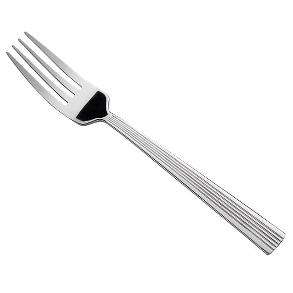 A silver fork with a white background.