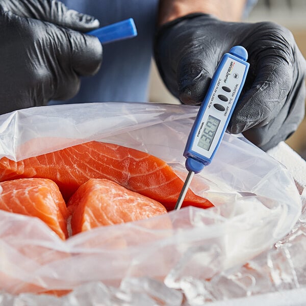 person using a thermometer to get the temperature of raw salmon