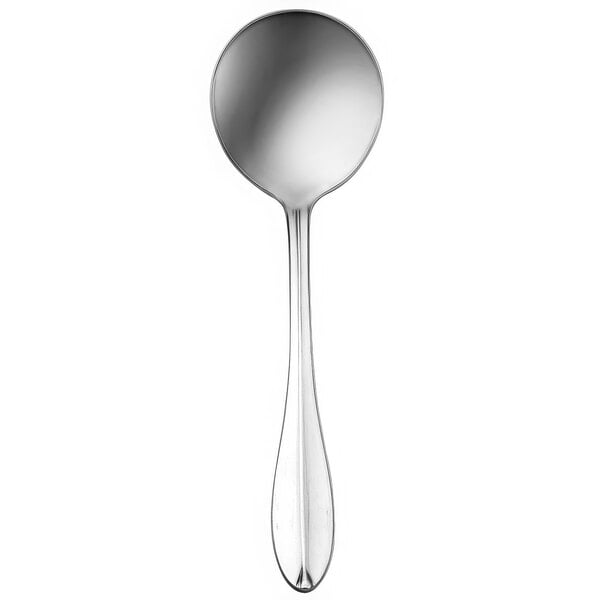 A silver spoon with a long handle.