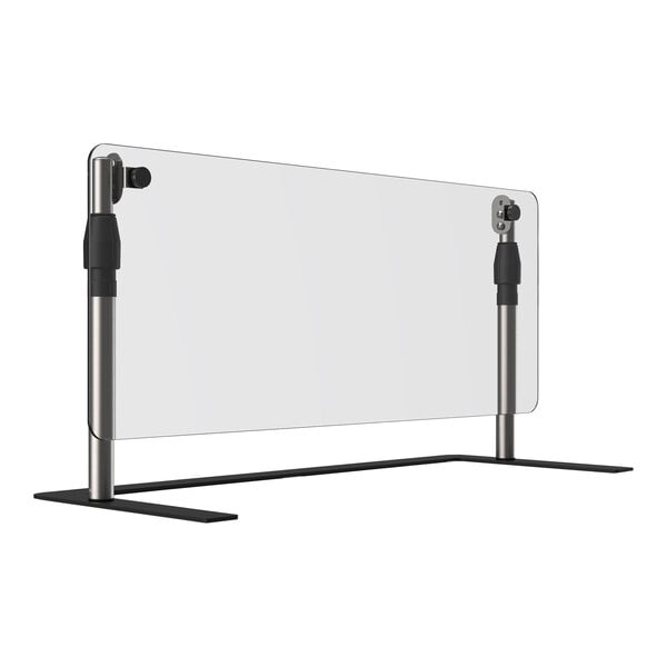 A clear rectangular acrylic screen with a black stand.