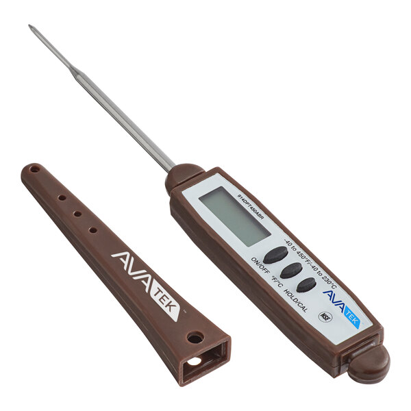 A brown digital pocket probe thermometer with a protective sheath, designed for cooked meat.