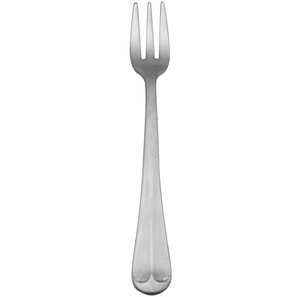 A silver fork with a white handle.