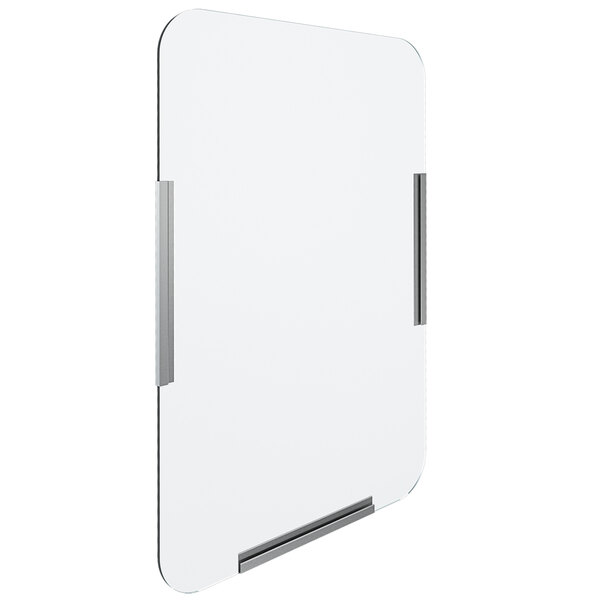 A Vollrath mounted acrylic breath guard on metal holders over a white background.