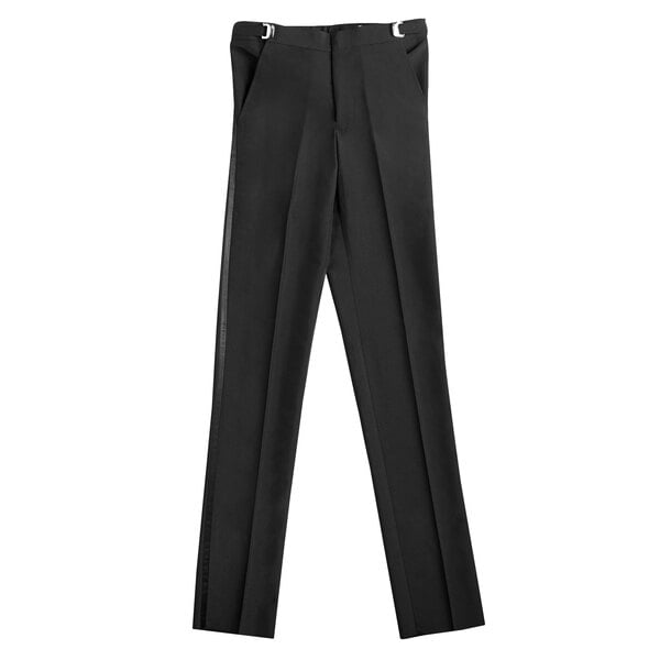 Henry Segal customizable black flat front tuxedo pants with buttons on the side.