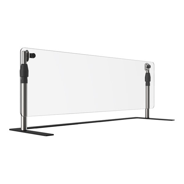 A clear acrylic screen with black metal legs.