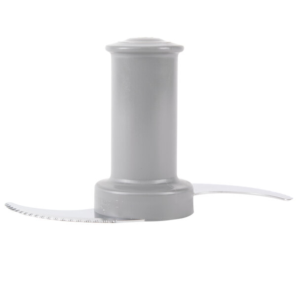A gray cylindrical food processor blade with a black top.