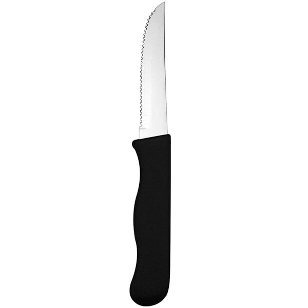 A Delco Titan stainless steel steak knife with a black handle.