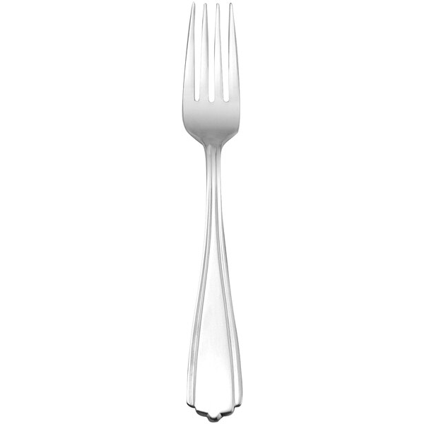 A silver fork with a white handle.