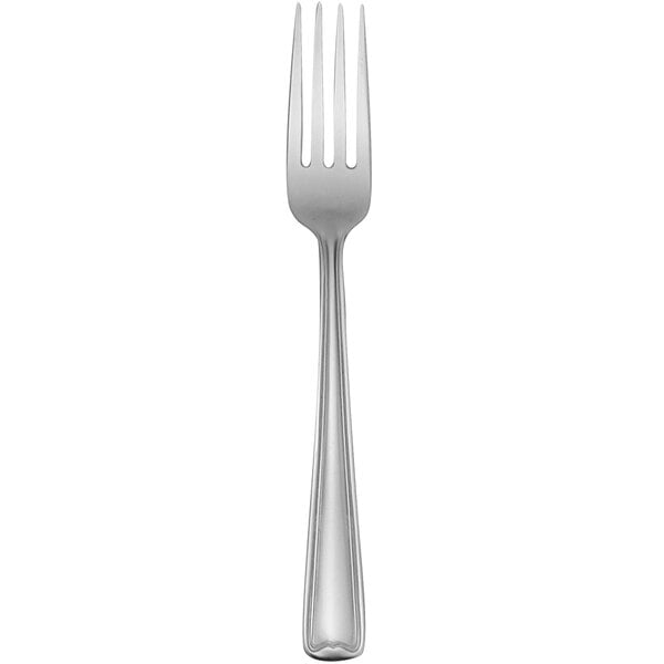 A silver fork with a black top on a white background.