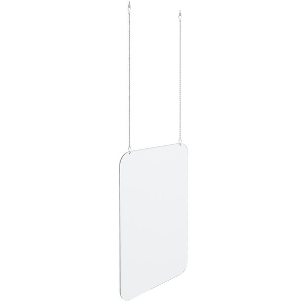 A white rectangular sign with black borders hanging from strings.