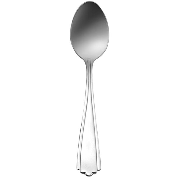 A Delco Greystoke stainless steel teaspoon with a black handle and white background.