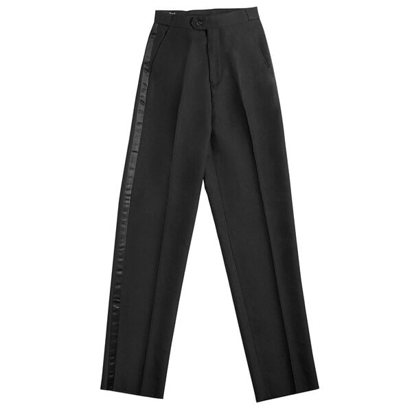 Henry Segal black customizable flat front tuxedo pants with a black stripe down the side.