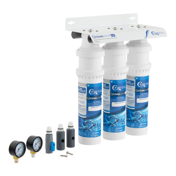 C Pure Oceanloch+ L3 Triple Water Filtration System with Oceanloch+ L3 Cartridges, Inlet, and Outlet Pressure Gauges 1 Micron Rating and 5 GPM
