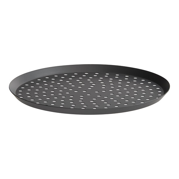 An American Metalcraft hard coat anodized aluminum round pan with holes.