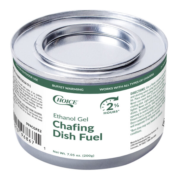 A can of Choice brand ethanol gel chafing dish fuel with a 2.5 hour burn time.