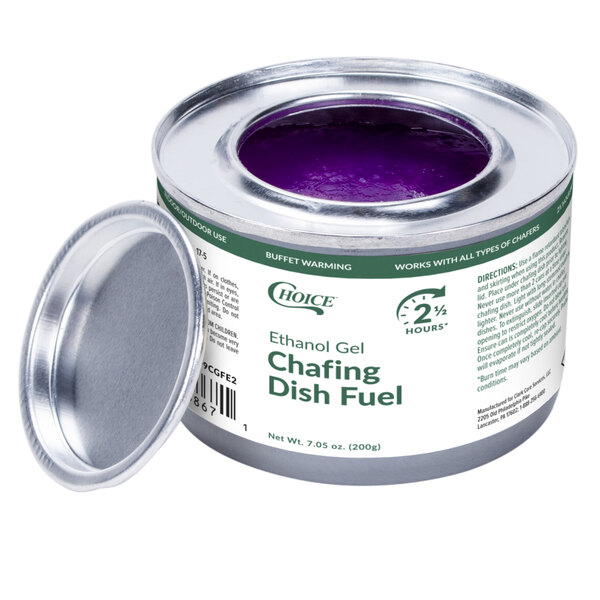 A can of Choice ethanol gel chafing dish fuel with the lid removed.