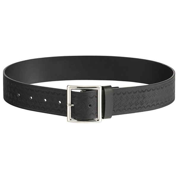 A Henry Segal black leather Garrison belt with a silver buckle.