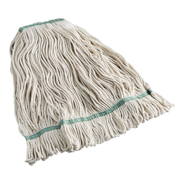 A white Lavex cotton wet mop head with green trim.
