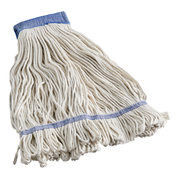 A close-up of a Lavex Natural Cotton Looped End Wet Mop Head with a white headband.