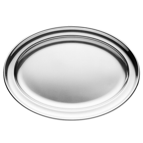 A stainless steel oval Walco tray with round edges on a white background.