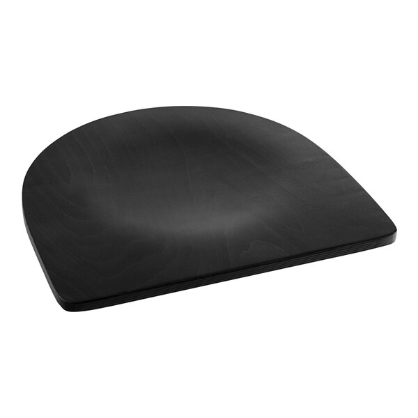 A detached black wood seat with a curved edge.