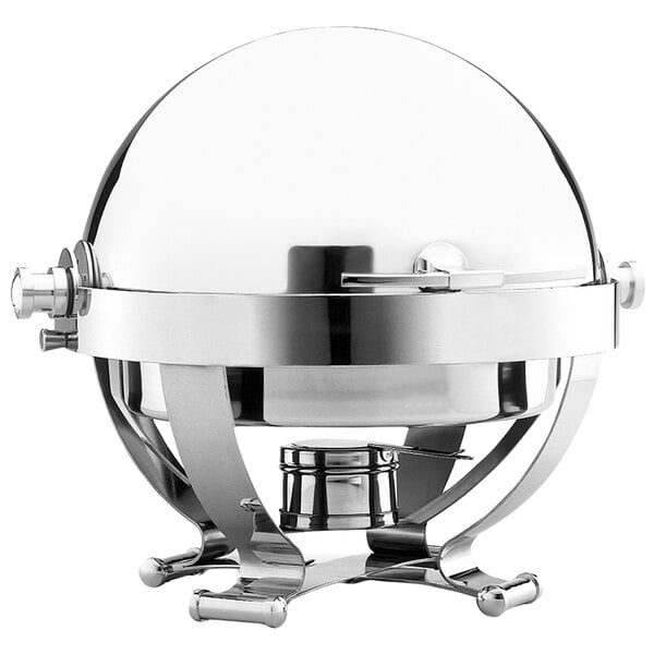 A Walco Satellite round stainless steel chafer with a chrome lid.