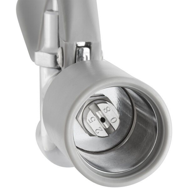 A silver metal 0.65 GPM Pre-Rinse Spray Valve with a small hole in it.