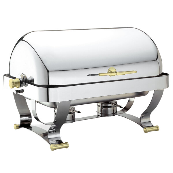 A silver rectangle Walco Grandeur chafer with a gold handle and lid.