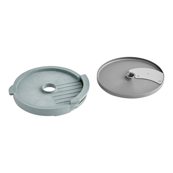 A Robot Coupe 5/16" French fry kit with a round metal cutter and plate.