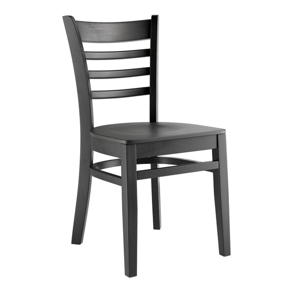 A Lancaster Table & Seating black wood ladder back chair with a black seat.