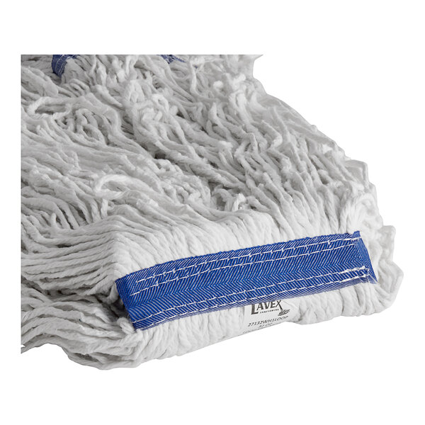 A white Lavex wet mop with blue trim.