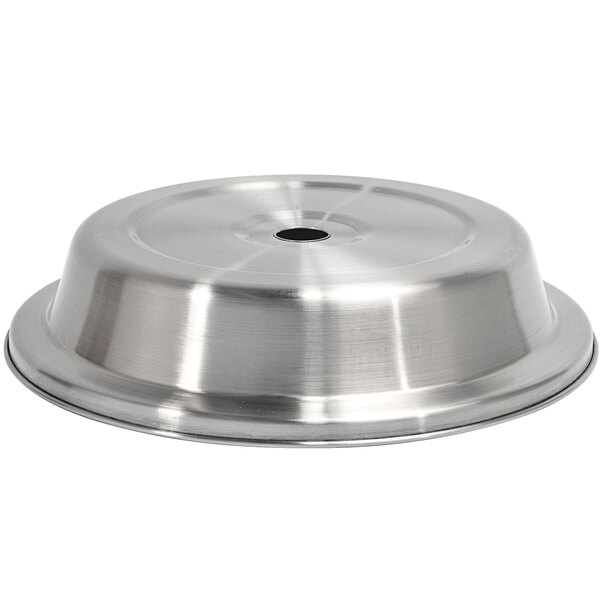 A brushed stainless steel round plate cover with a hole in the center.