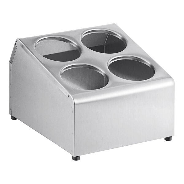 A Tablecraft stainless steel flatware cylinder holder with four compartments.
