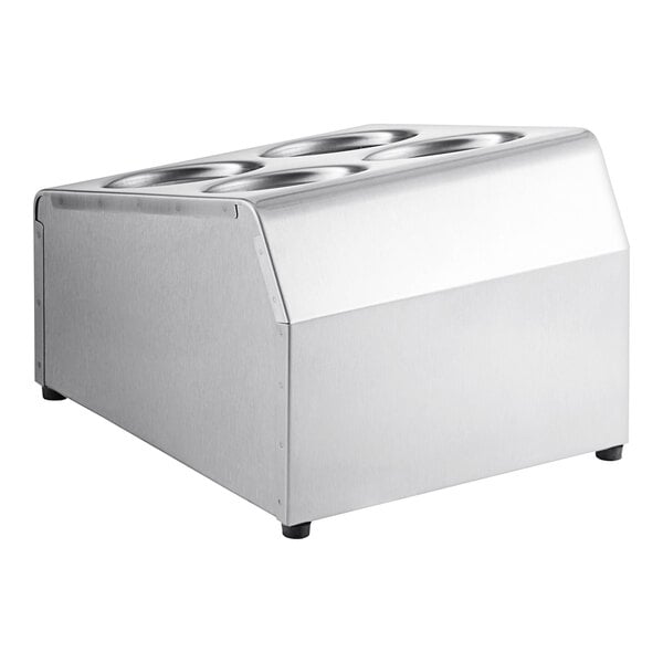 A silver rectangular Tablecraft stainless steel flatware cylinder holder with four round holes.