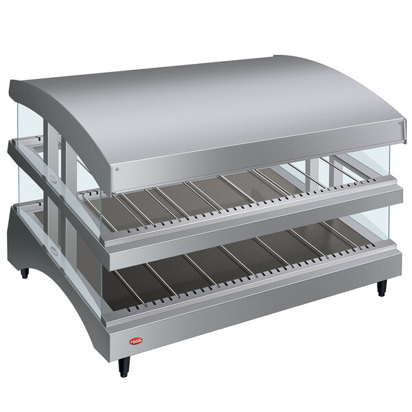 A Hatco stainless steel countertop food warmer with heated glass shelves.