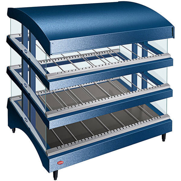 a blue display case with shelves